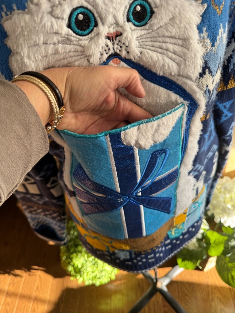 Hanukkah Cat Multimedia Sweater with Gift Design - Picture 6 of 13